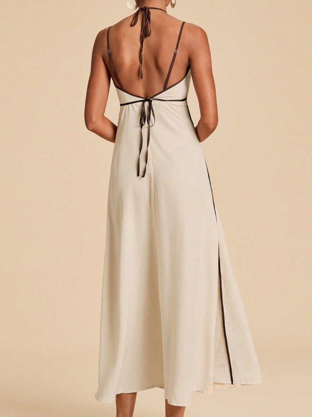 Apricot Elegant Women's Contrast Trim Backless Camisole Dress - Picture 2 of 8
